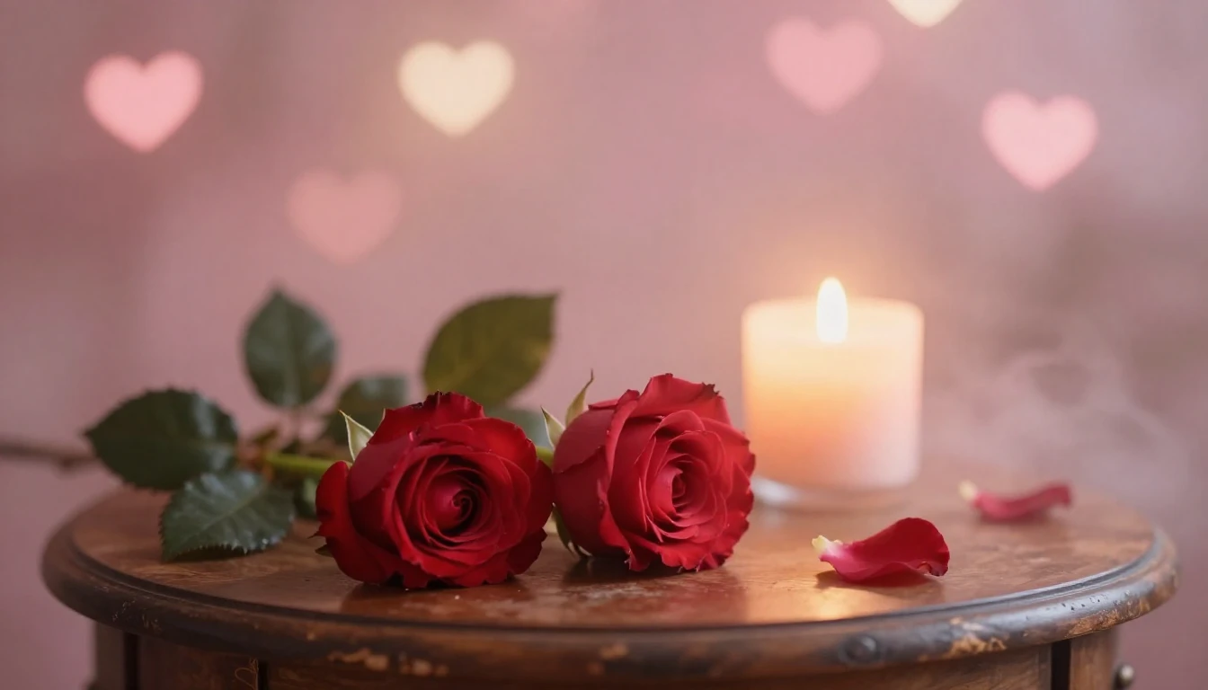 A dreamy and ethereal scene of two delicate red roses restin...