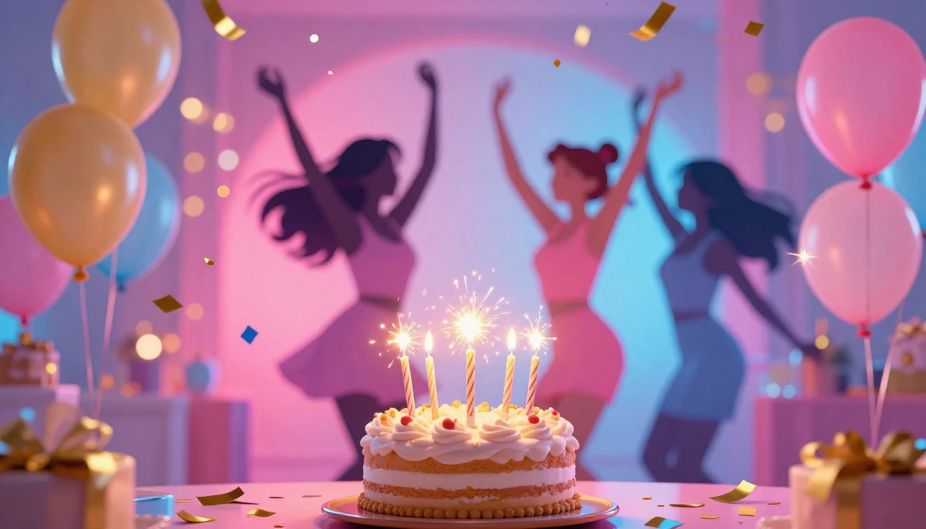 A vibrant and colorful birthday celebration scene centered a...