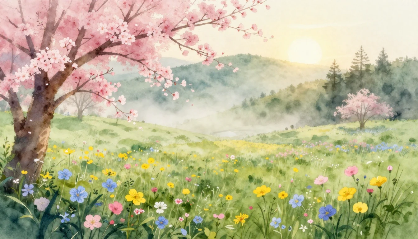 A breathtaking watercolor painting of a lush meadow at dawn....
