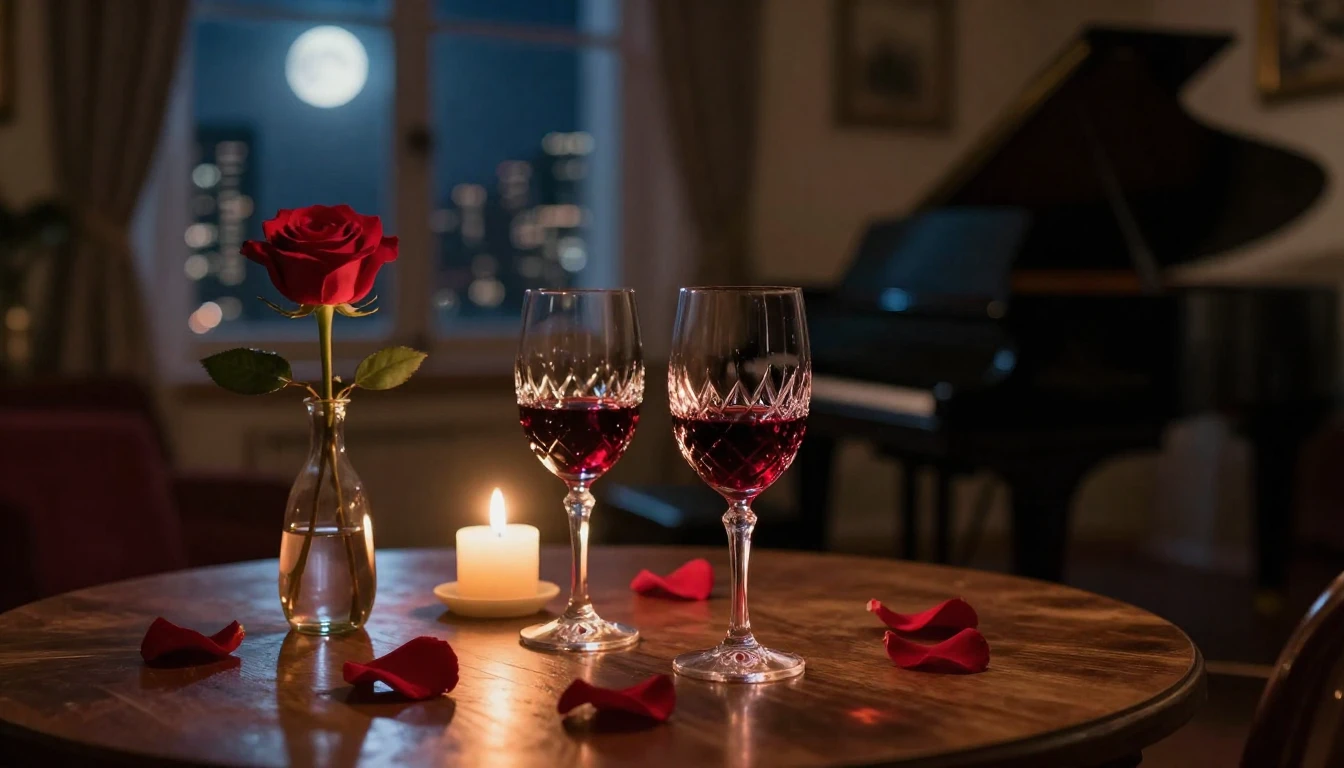 A cozy, dimly lit room overlooking a city skyline at night. ...