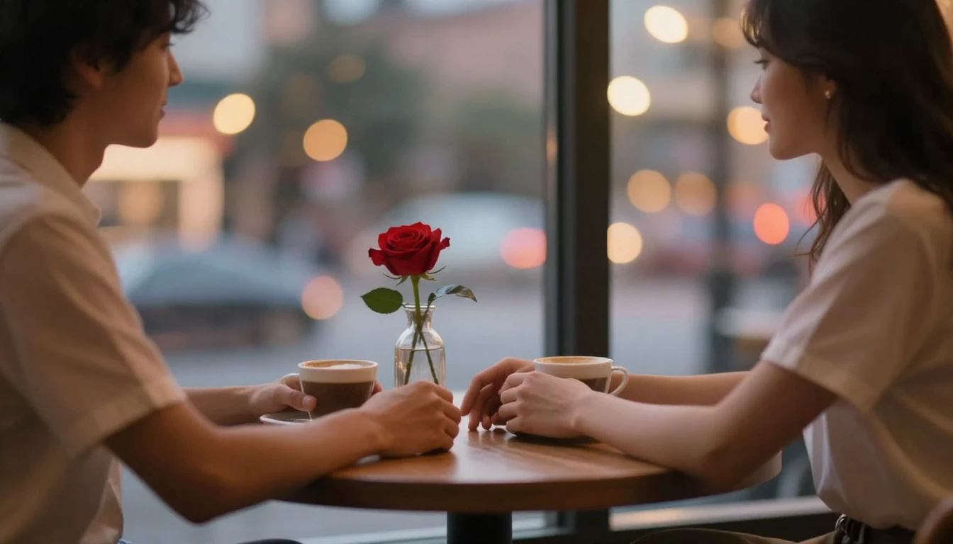 A romantic scene featuring a couple sitting at a small, inti...