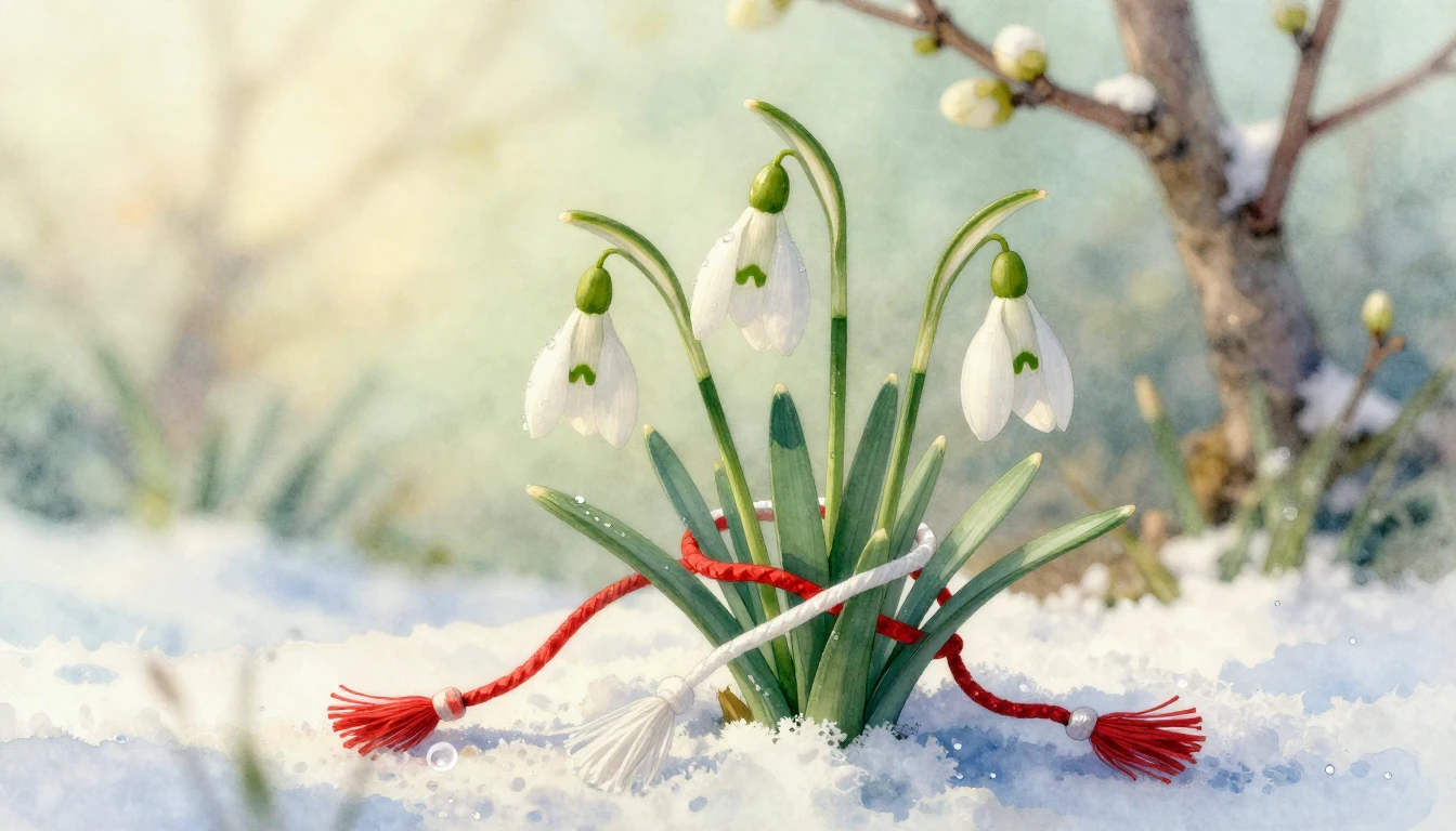 A delicate watercolor painting of the first spring snowdrops...