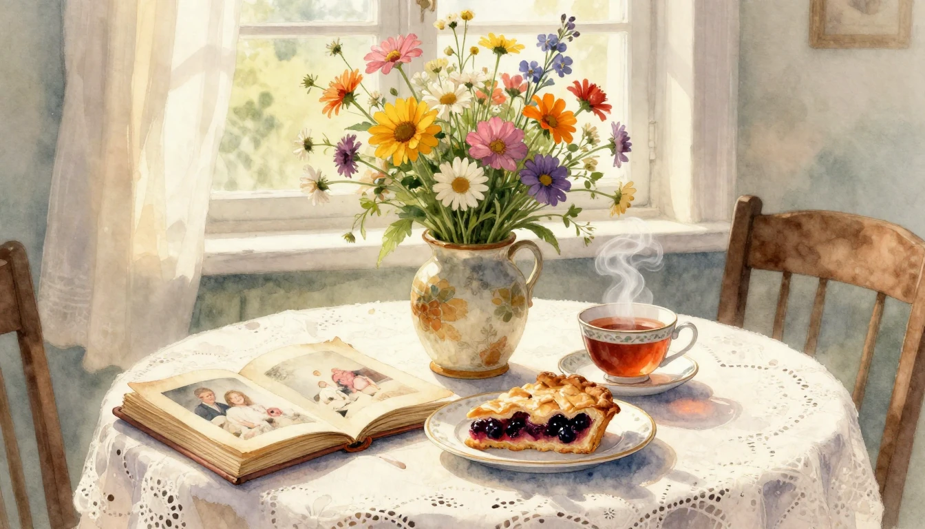 A heartwarming watercolor painting of a cozy rustic table se...