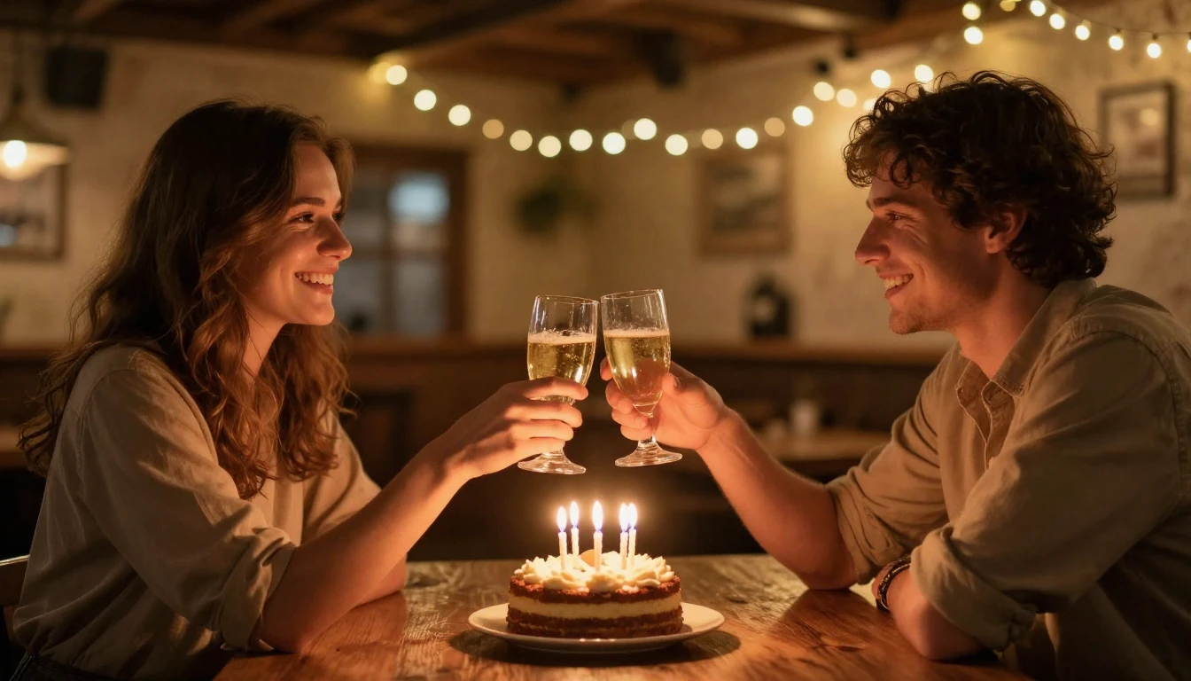 A heartwarming scene of two friends clinking glasses in a co...