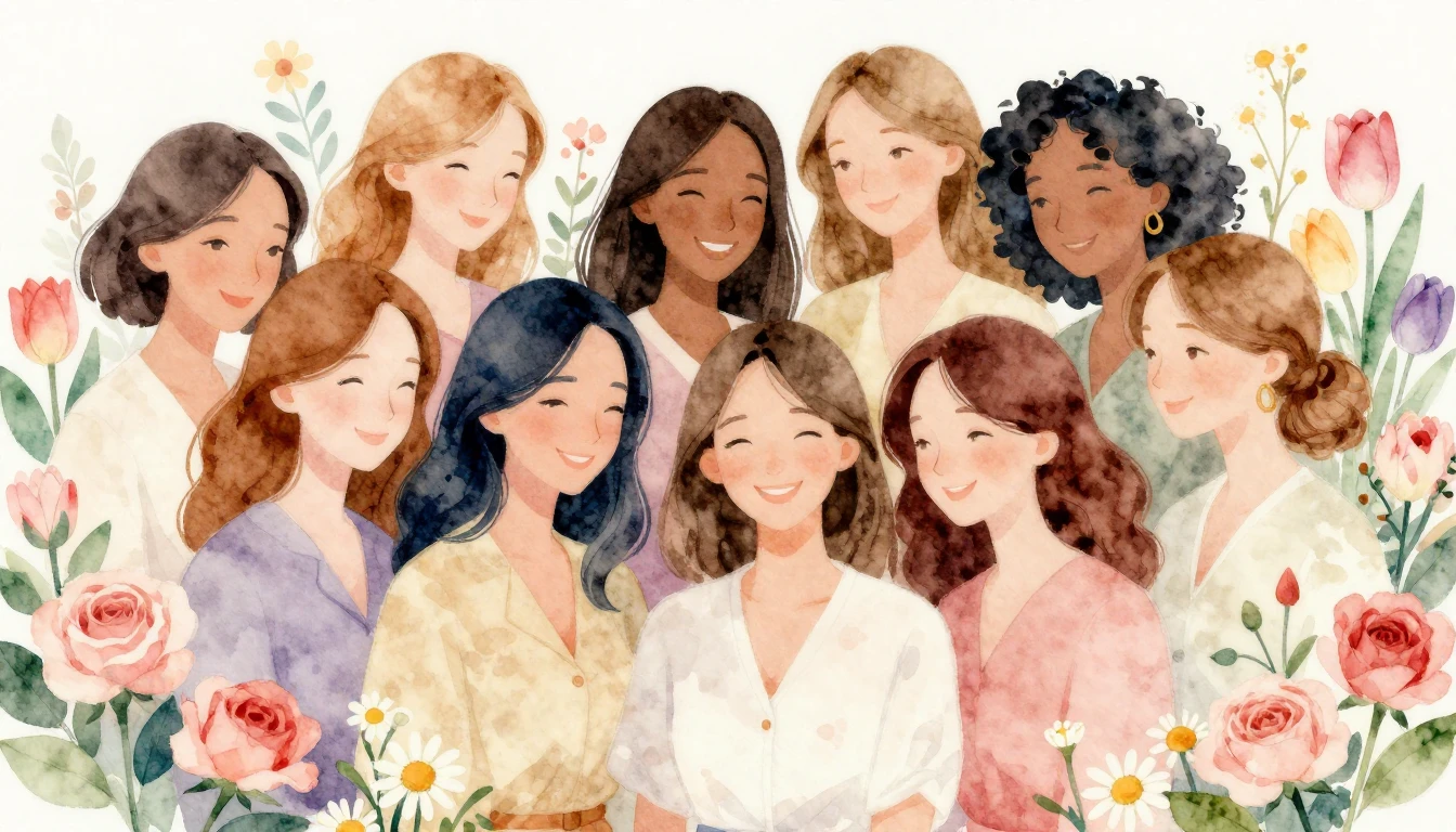 A beautiful watercolor painting of a diverse group of happy ...
