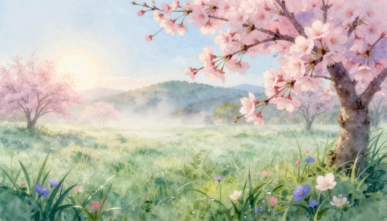 A delicate watercolor painting of a lush spring meadow at da...