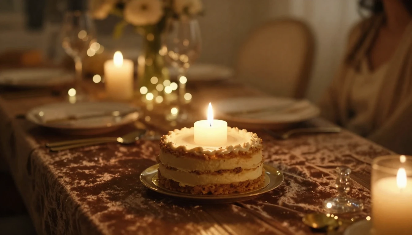 A warm, intimate scene bathed in soft, golden candlelight. A...