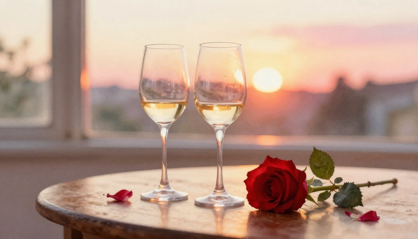 A soft watercolor painting of two delicate wine glasses sitt...