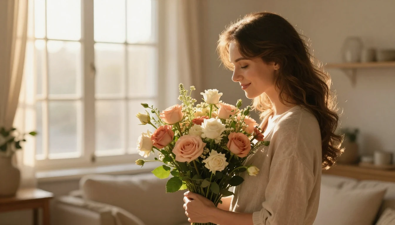 A heartwarming scene of a beautiful mother holding a lush bo...