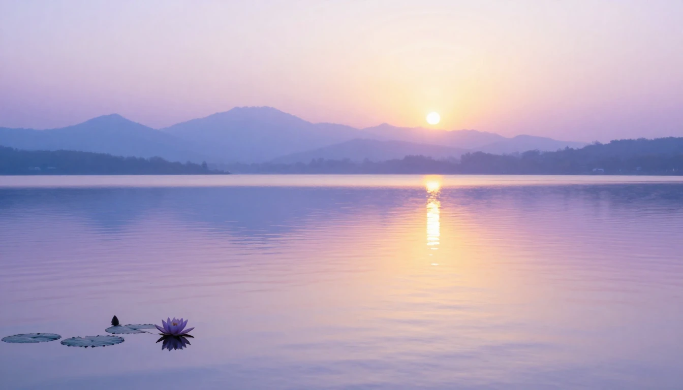 A serene landscape featuring a calm lake reflecting a soft s...
