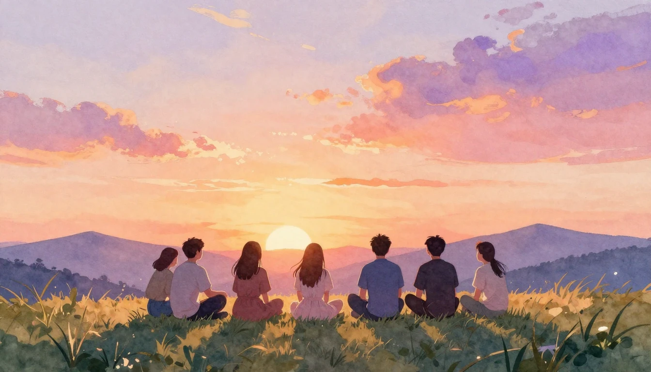 A beautiful watercolor painting of a group of friends sittin...