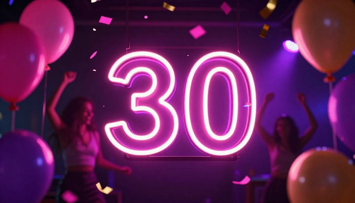 A vibrant and festive design featuring a glowing neon sign t...