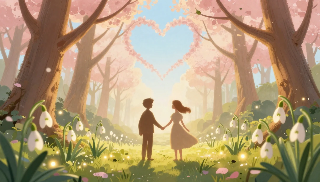 A whimsical and romantic illustration for Dragobete, featuri...