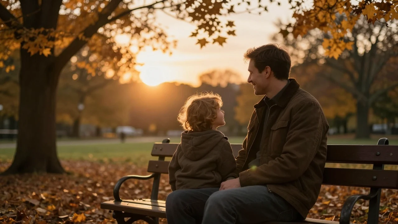 A warm and cinematic scene of a father and child sitting on ...