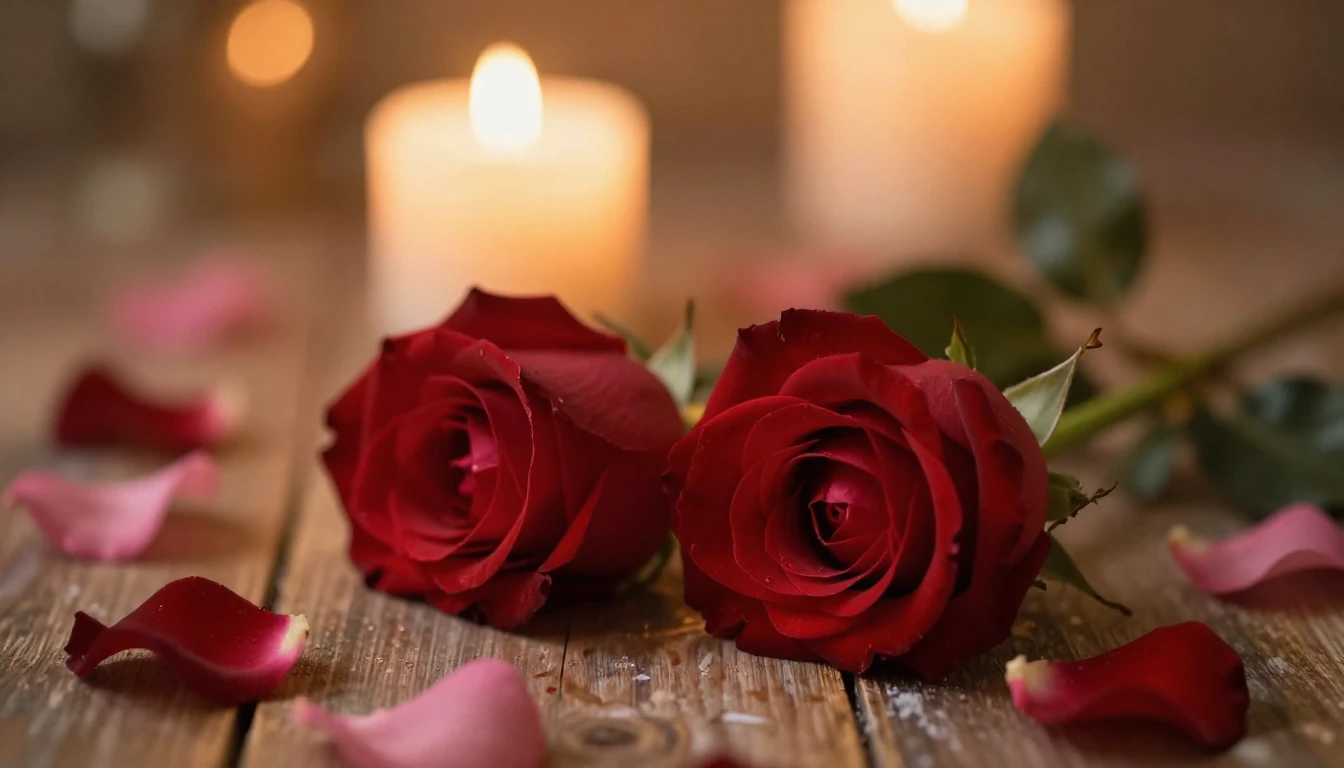A beautiful and delicate scene featuring two red roses resti...