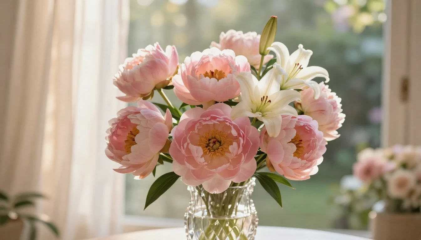 A beautiful and soft composition of blooming pink peonies an...