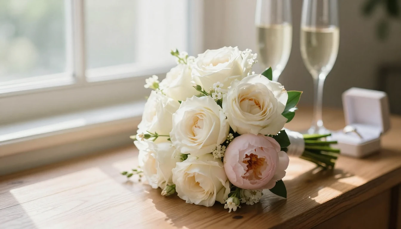 A close-up artistic view of a beautiful bridal bouquet consi...