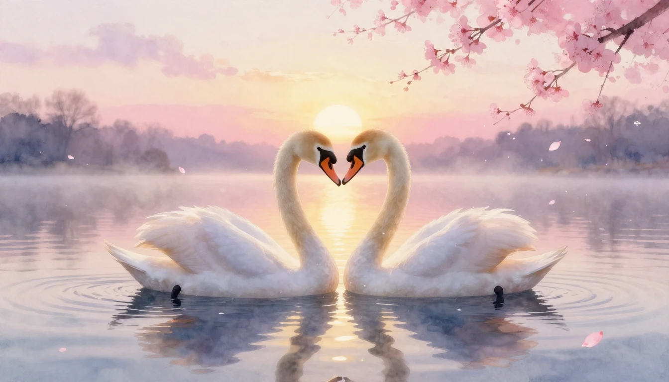 A beautiful watercolor painting of two elegant swans forming...