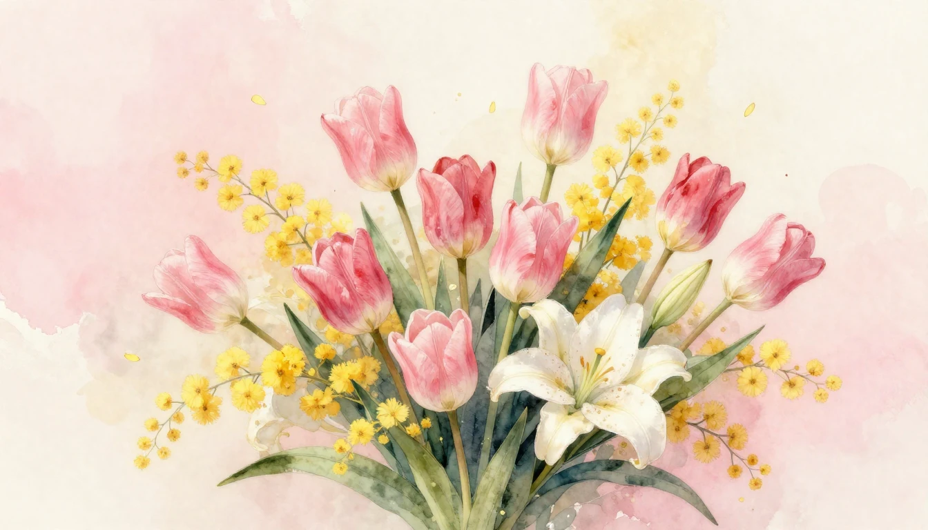 A delicate watercolor painting of a lush bouquet featuring p...
