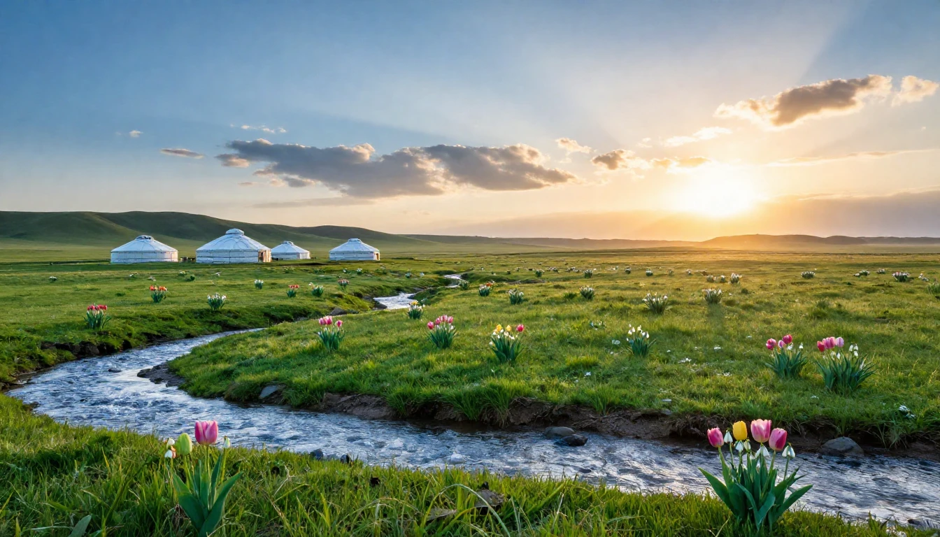 A breathtaking wide shot of a vast Kazakh steppe during the ...
