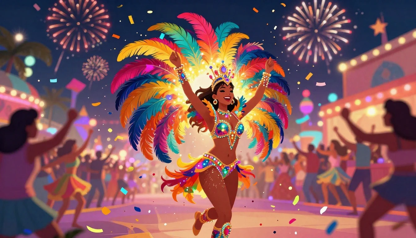 A vibrant and dynamic digital art illustration of a carnival...
