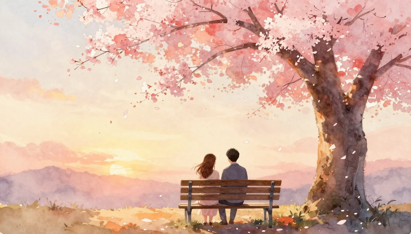 A romantic watercolor painting of a couple sitting on a wood...