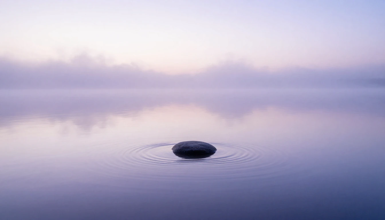A serene and minimalist landscape featuring a calm, mirror-l...