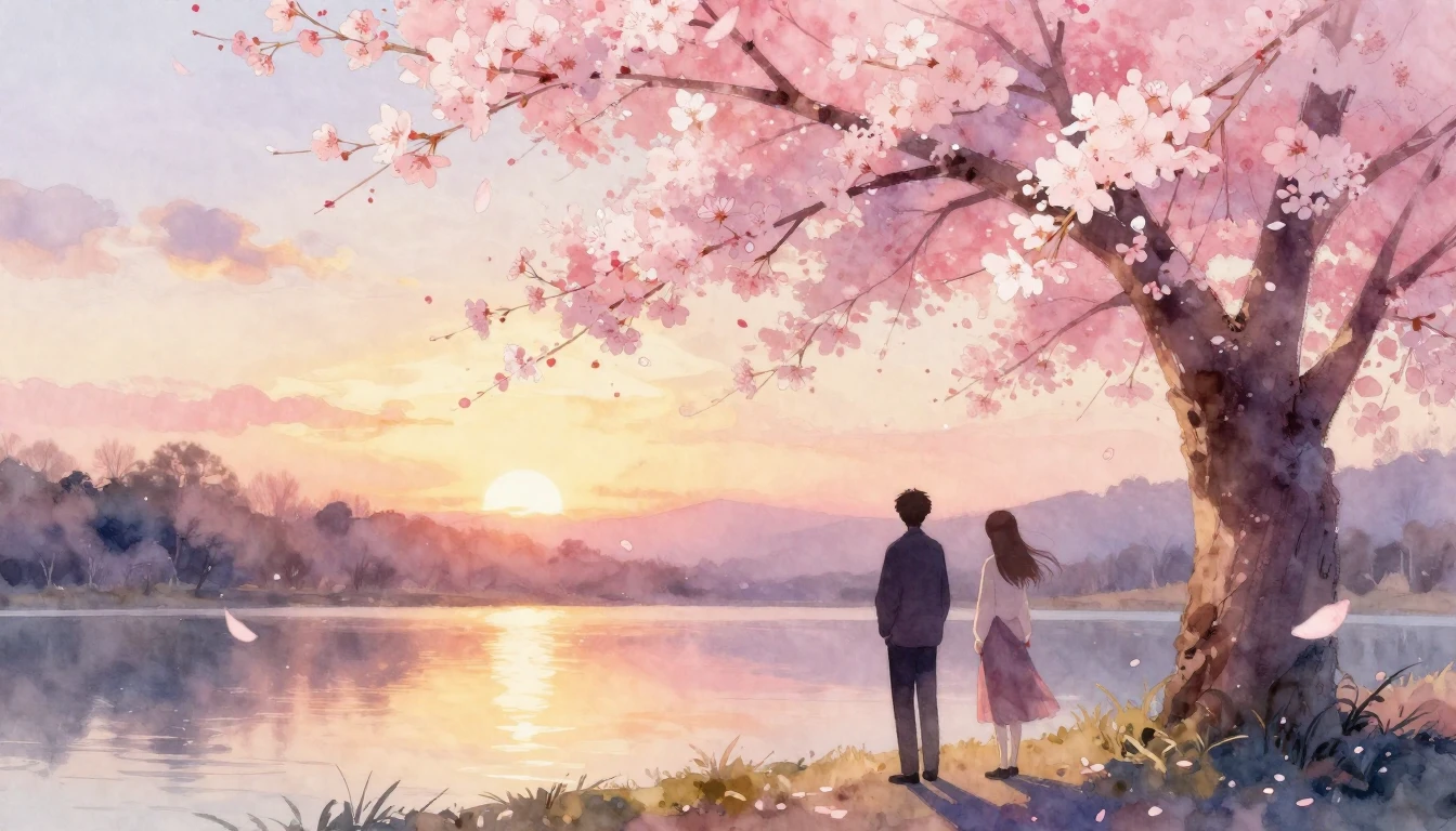 A beautiful watercolor painting of two silhouettes standing ...