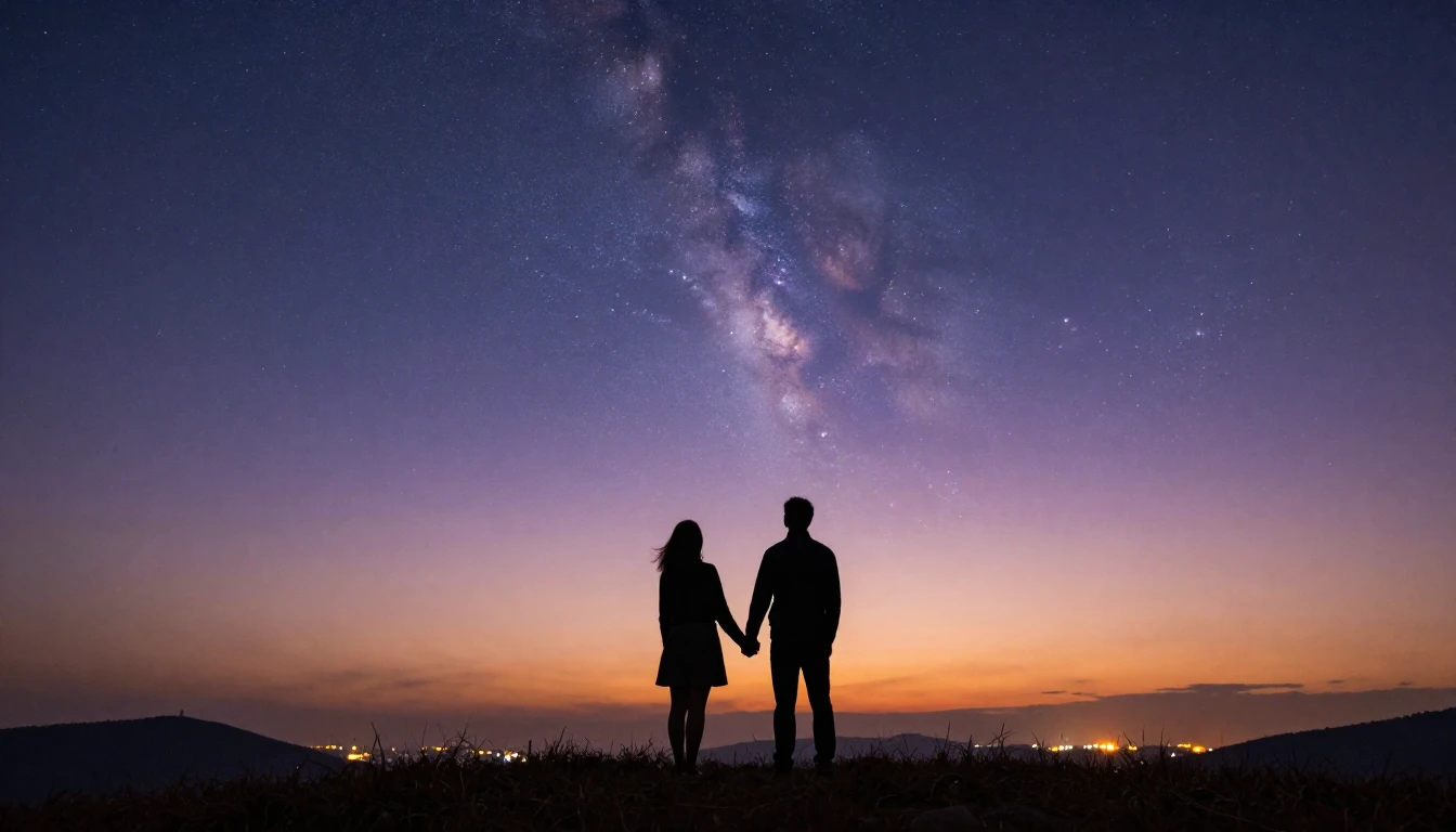 A cinematic wide shot of a silhouette of a couple holding ha...