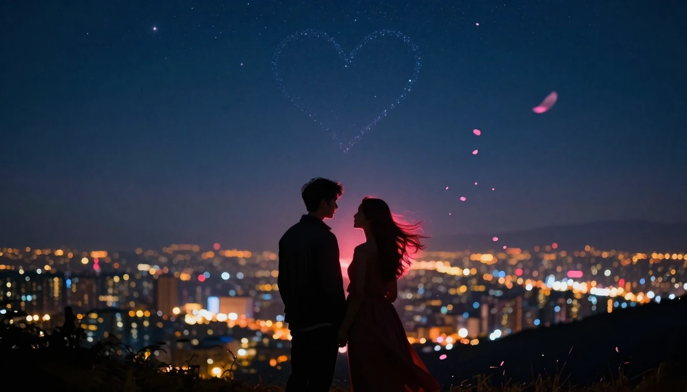 A romantic and atmospheric scene featuring silhouettes of a ...