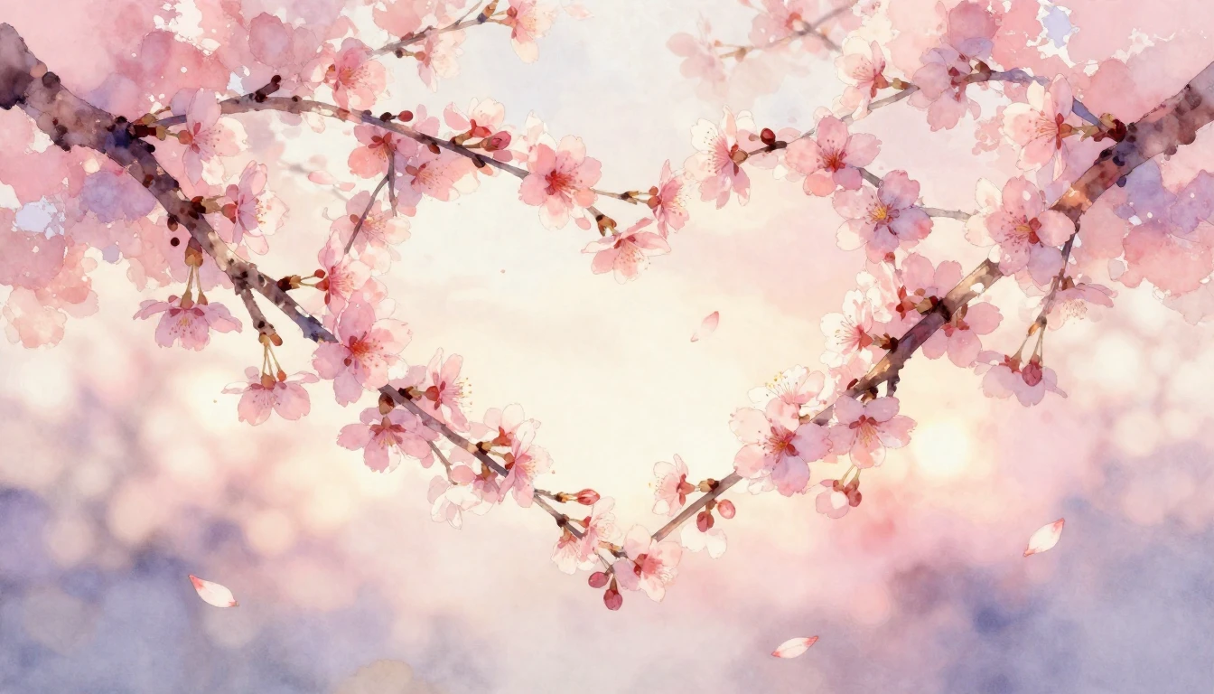 A delicate watercolor painting of two intertwined cherry blo...