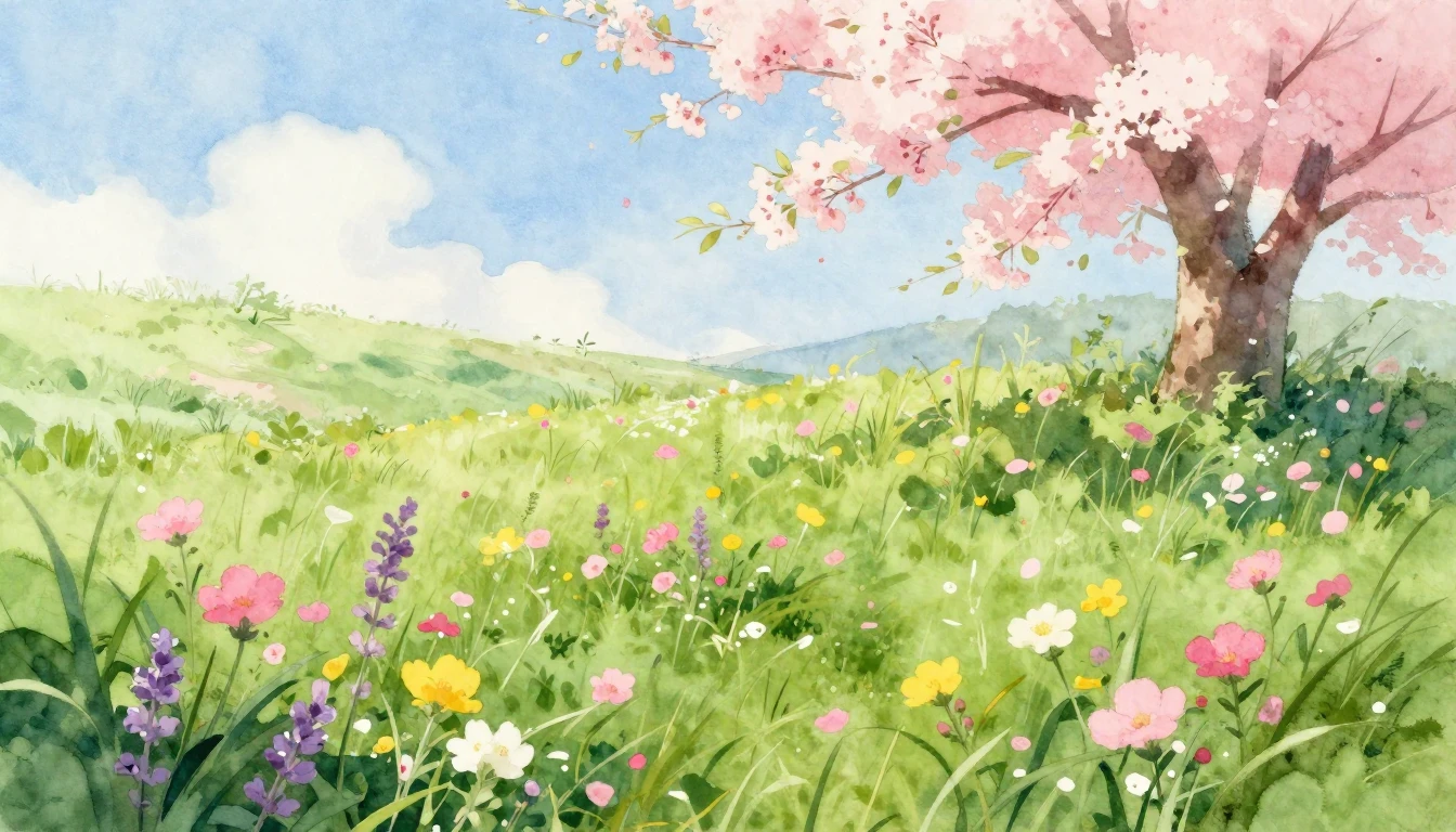 A beautiful watercolor painting of a lush green meadow in fu...