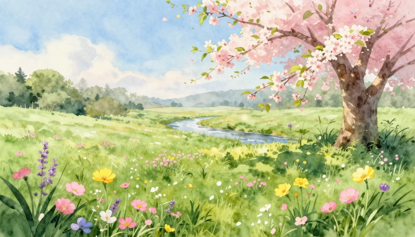 A breathtaking spring landscape in soft watercolor style. A ...