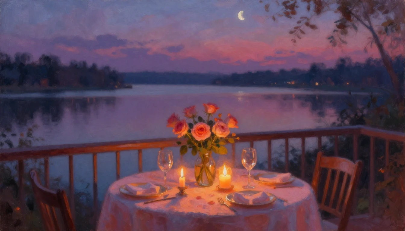 An impressionist oil painting of a cozy, candlelit dinner se...