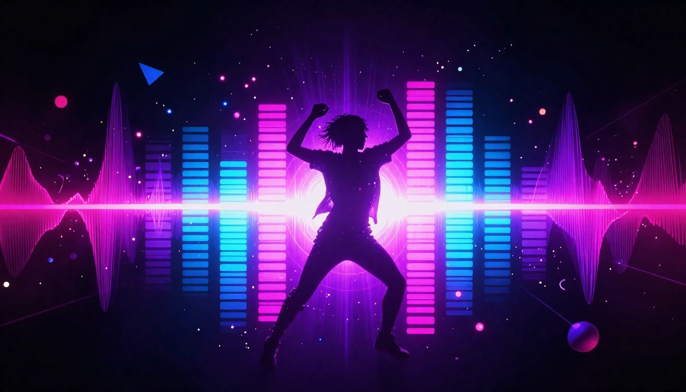 A vibrant and dynamic music album cover showing abstract glo...