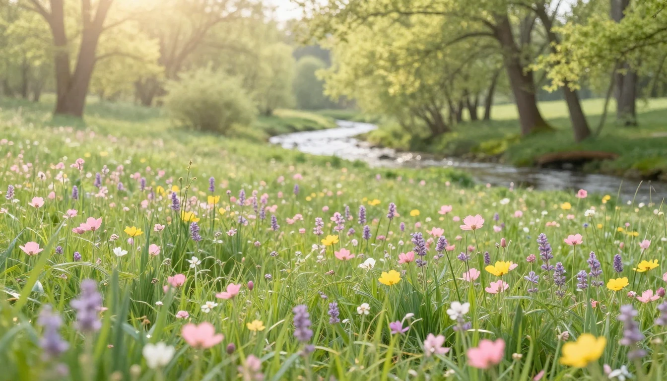 A serene landscape featuring a lush green meadow filled with...