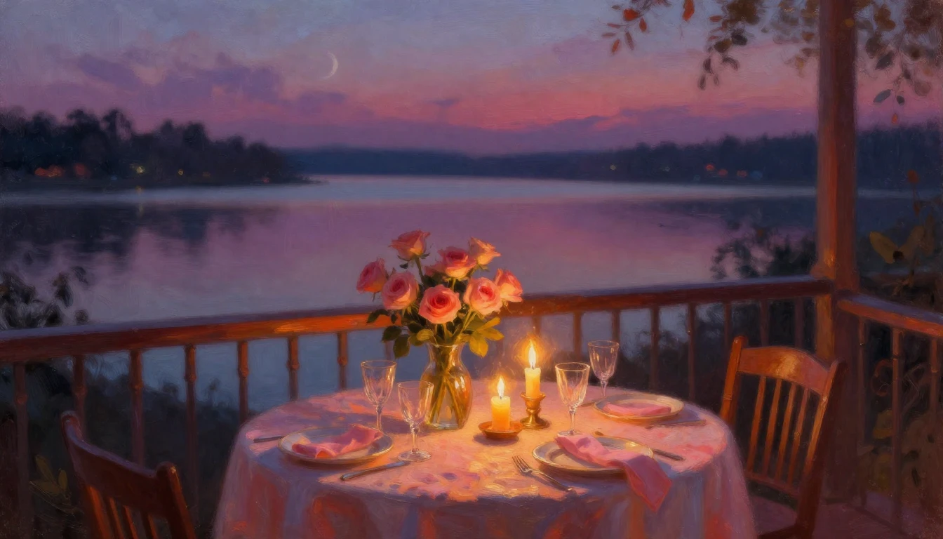An impressionist oil painting of a cozy, candlelit dinner se...