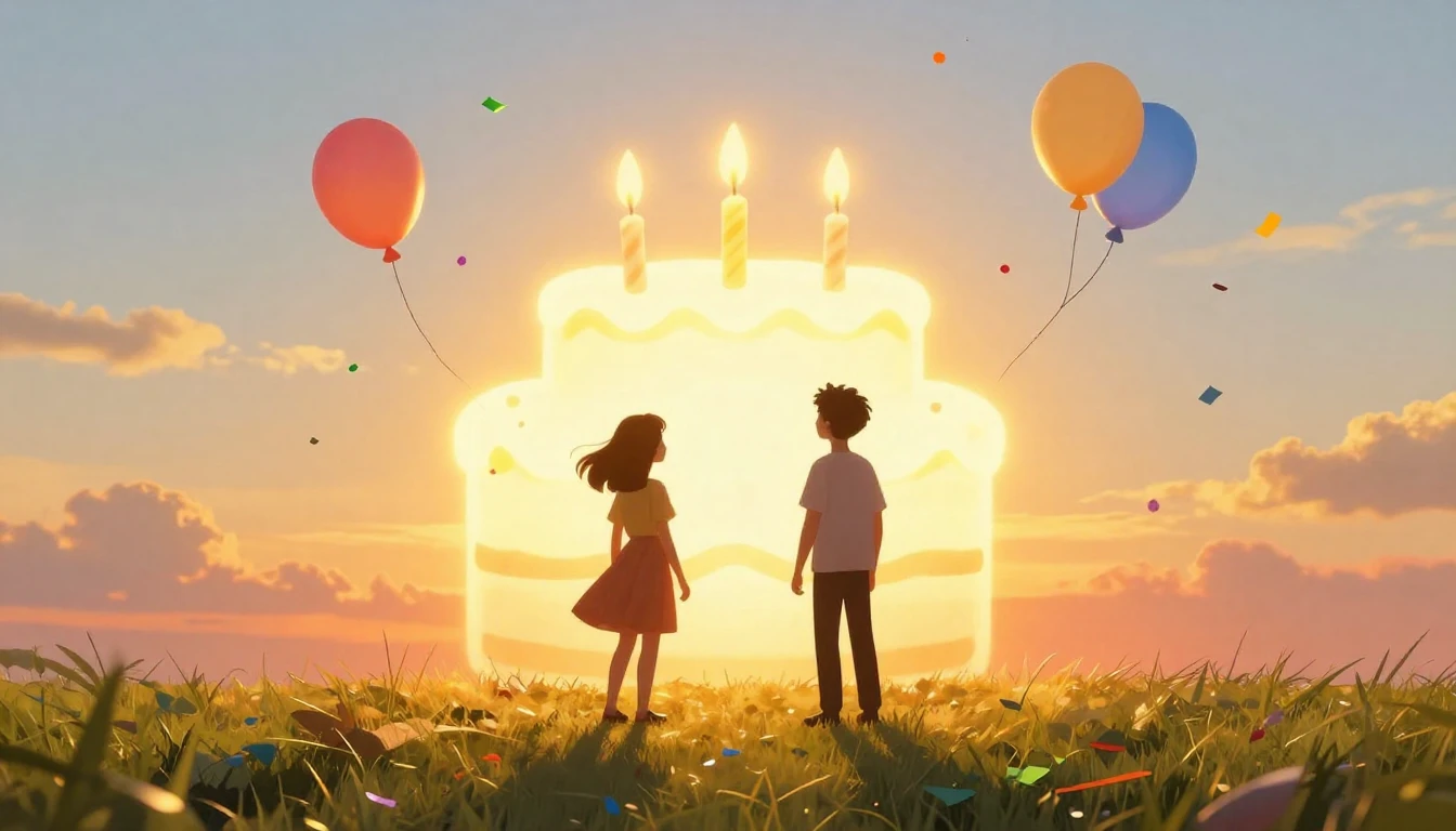 A vibrant and joyful scene celebrating friendship. Two abstr...