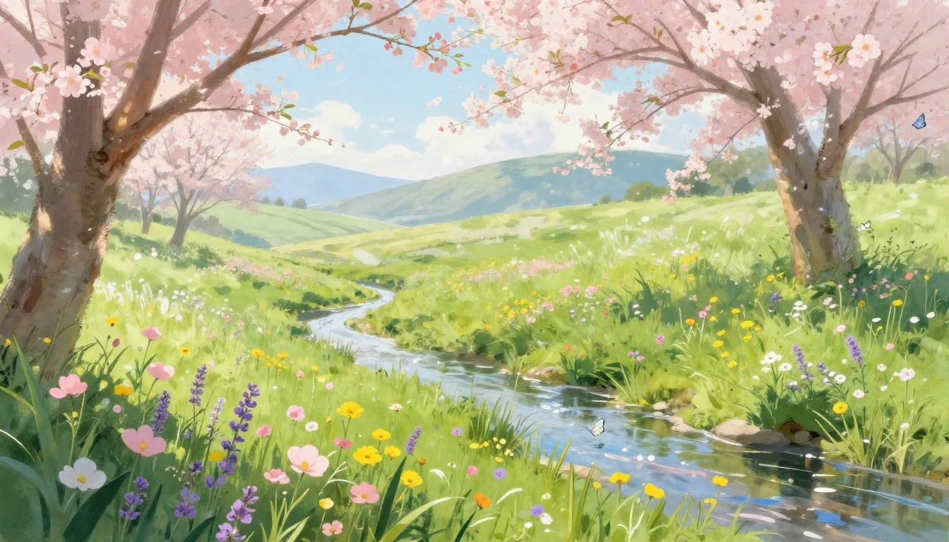 A lush green meadow filled with vibrant wildflowers in shade...