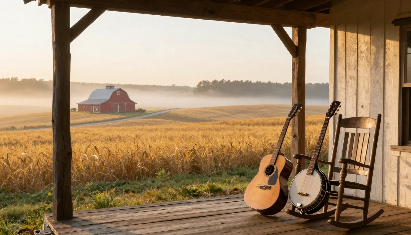 A scenic view from an old wooden porch looking out over roll...