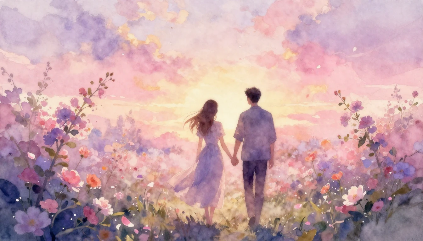 A soft and ethereal watercolor painting depicting two silhou...