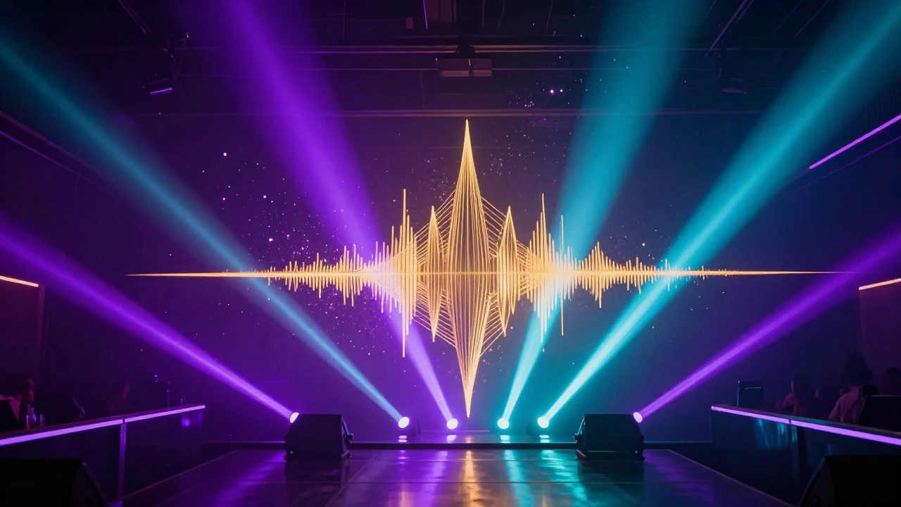 A vibrant and energetic scene of a modern neon-lit nightclub...