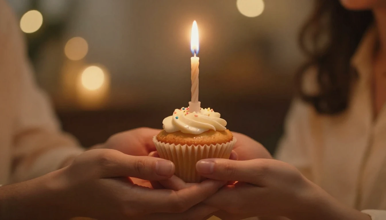 A romantic cinematic close-up shot of a small birthday cupca...