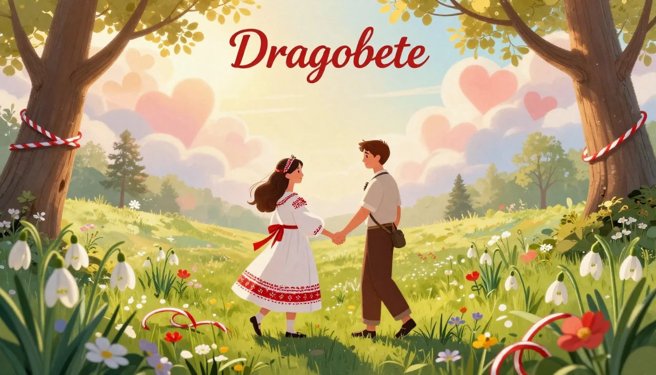 A romantic and festive illustration celebrating Dragobete, t...