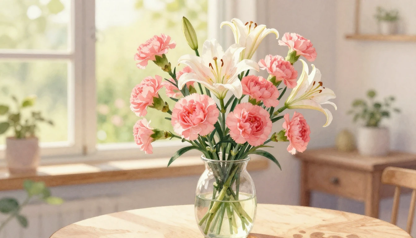 A beautiful and soft watercolor painting depicting a bouquet...