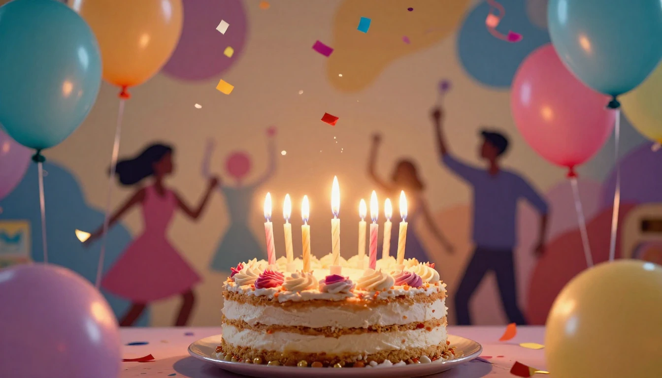 A vibrant and colorful birthday party scene featuring a deli...