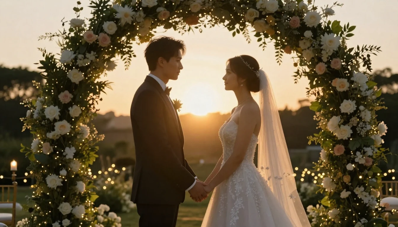 Cinematic shot of a bride and groom holding hands under a be...
