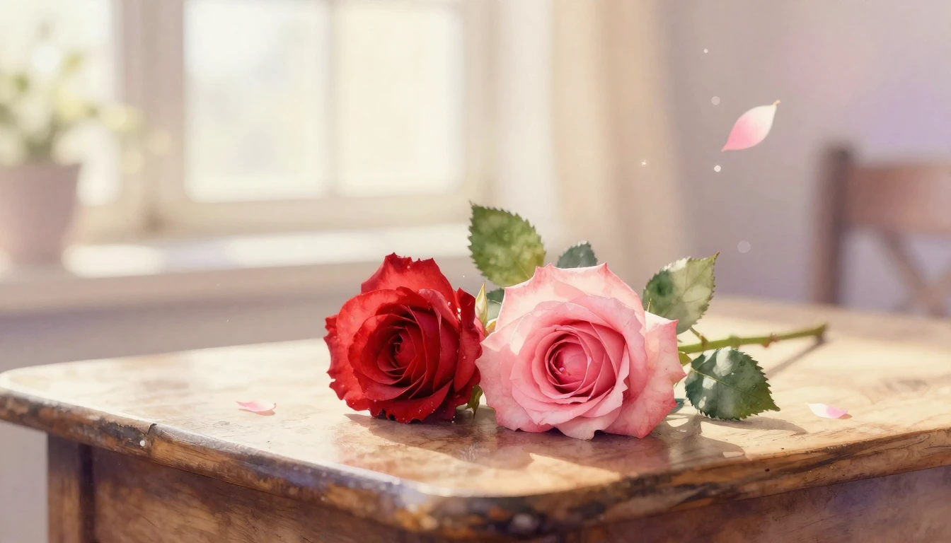 A delicate watercolor painting of two intertwined red and pi...