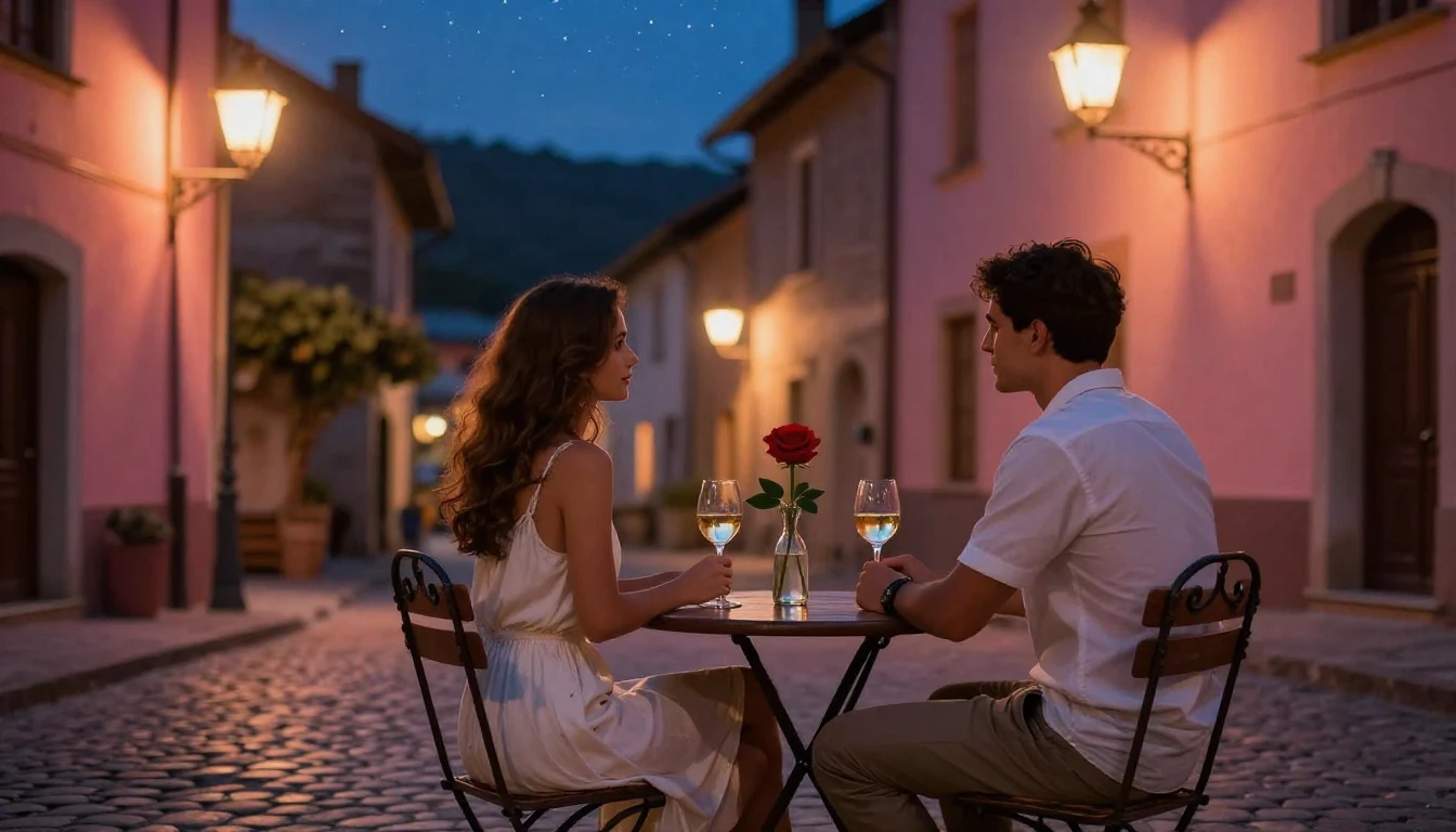 A romantic scene featuring a couple sitting at a small, roun...