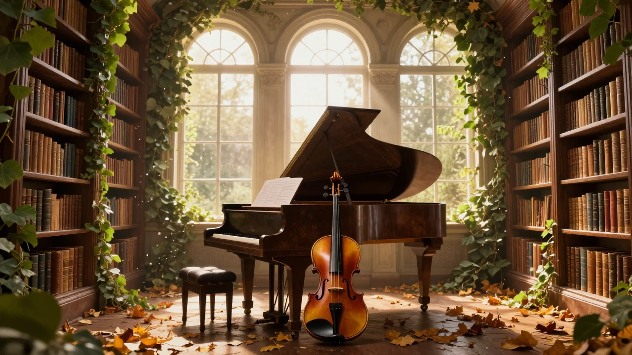 A serene and ethereal scene featuring an antique grand piano...